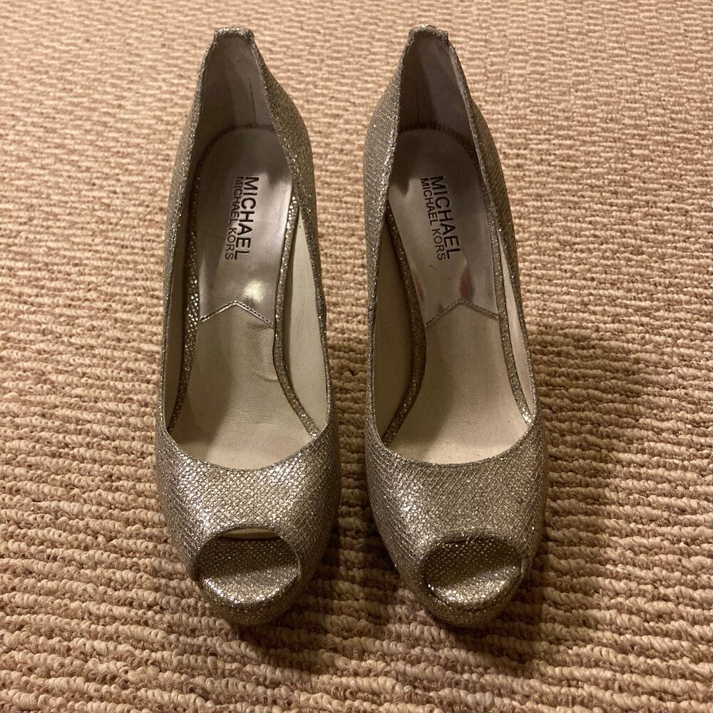 Michael Kors Silver Peeptoe Stiletto Pumps, Size 7.5